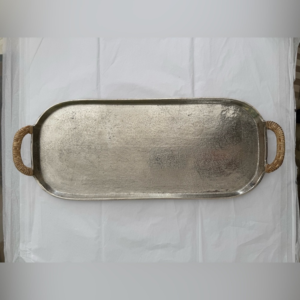 Zodax Raw Aluminum Silver Tray with Cane Wrapped Handles - Picture 1 of 10